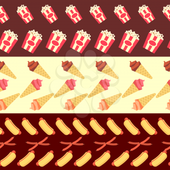 Fast food seamless borders collection - ice cream. Hot dogs and popcorn texture . Vector illustration