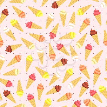 Pastel colors flat ice cream on polka dot seamless pattern. Vector illustration