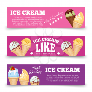 Colorful ice cream banners template set. Ice cream sweet food banner card, vector illustration