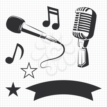 Modern and retro microphones and music details for labels on notebook page. Vector illustration