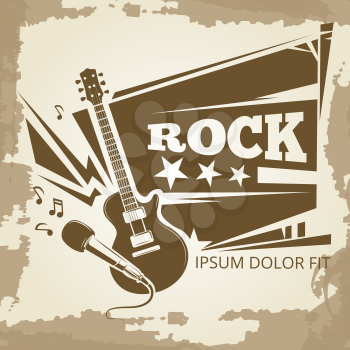 Rock music vintage emblem design. Grunge banner for rock event. Vector illustration