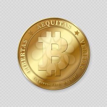 Realistic gold bitcoin on transparent background. Golden bitcoin electronic currency, vector illustration