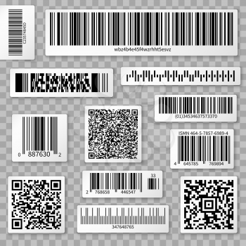 QR codes, bar and packaging labels isolated on transparent background. Qr label for scan, bar code sticker, vector illustration