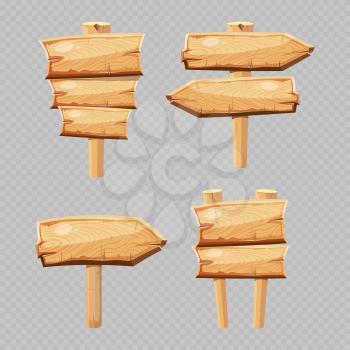 Vector cartoon wooden blanks isolated on transparent background. Set of wooden sign board and blank plank panel illustration