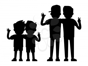 Best friends silhouettes isolated on white background - baby boys and teenager boys black silhouettes. Best friends people, young friendship together, vector illustration
