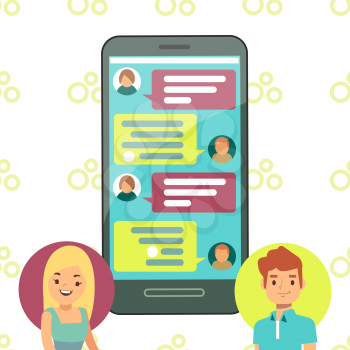 Online phone chat concept - girl and boy cell chatting. Boy communication with girl messenger. Vector illustration