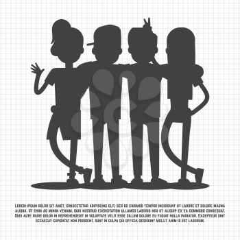 Teenagers friends silhouettes on notebook page - friendship concept. Friendship teenager young and happy, vector illustration