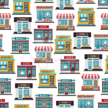 Store fronts seamless pattern - cafe, restaurant, market seamless texture. Vector illustration