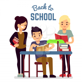 Back to school concept with reading students isolated on white background. Vector illustration