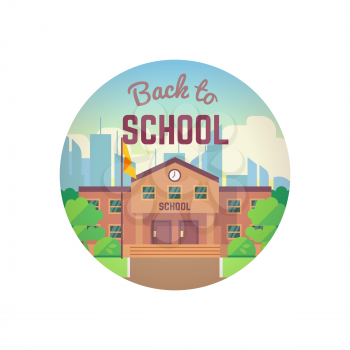 Back to school round concept with city landscape and school building. Vector illustration