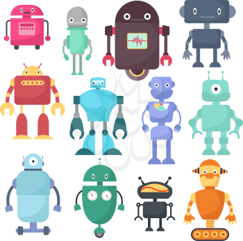 Cute robots, cyborg machine vector science characters. Cyborg and robot character friendly, robotic mascot illustration