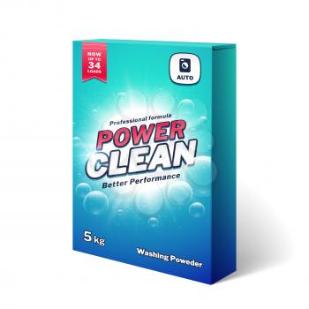 Laundry detergent, washing poweder product box vector template. Detergent powder packaging for hygiene and wash cloth illustration