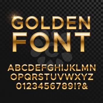 Golden glossy vector font or gold alphabet. Yellow metal typeface. Metallic golden abc, alphabet typographic luxury illustration