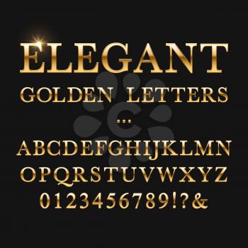 Elegant golden letters. Shiny gold vector alphabet. Letter type golden metallic, abc and numbers yellow illustration