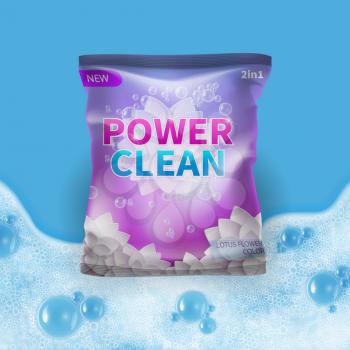 Detergent vector design on bag package template with realistic foam on background. Illustration of detergent package powder for hygiene and wash