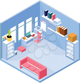 Isometric home office interior. 3d workspace with computer and furniture. Vector illustration