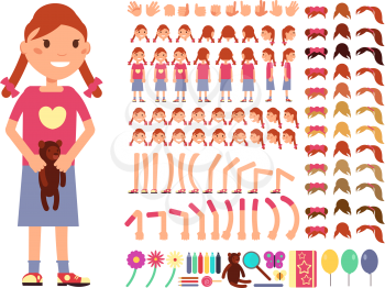 Cartoon cute little girl character. Vector creation constructor with different emotions and body parts. Female emotion and creation body constructor, gesture and pose illustration