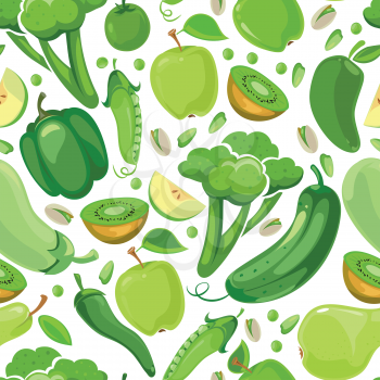 Seamless texture with green vegetabels and fruits. Background vector illustration
