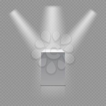 Museum pedestal, white empty 3d podium and spotlights isolated on transparent background. Vector illustration
