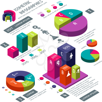 Isometric 3d business vector infographic with color diagrams and charts. Isometric colored infographic and diagram for information web illustration
