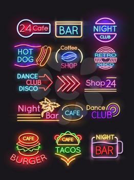 Night bar and burger coffee, cafe neon signs set. Vector illustration