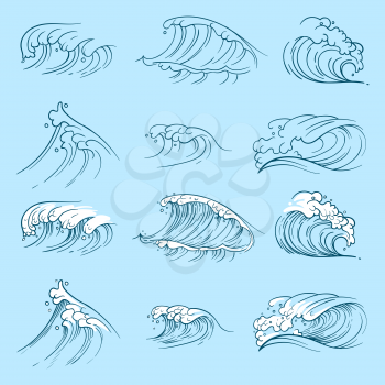 Sketch ocean waves. Hand drawn sea storm wave isolated. Vector illustration
