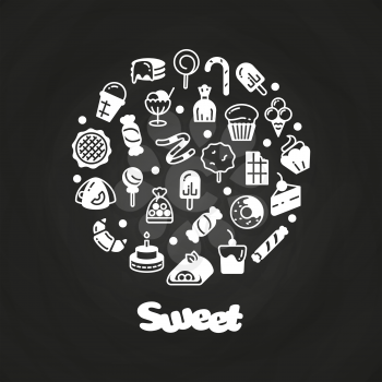 White sweet desserts cakes candies icons on chalkboard. Vector illustration