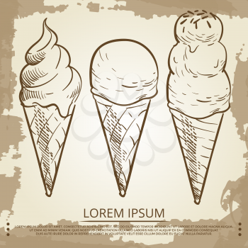 Sketch ice cream cones on grunge vintage page. Vector illustration