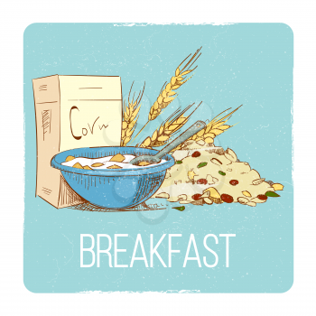 Healthy breakfast concept - hand drawn porrige cereals wheat muesli on grunge background. Vector illustration
