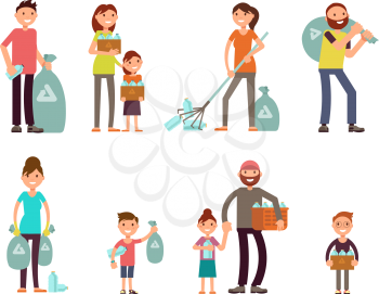 Group of people adult and kids characters gathering city garbage and plastic waste for recycling vector set. Character cartoon man volunteer trash and recycling trash illustration