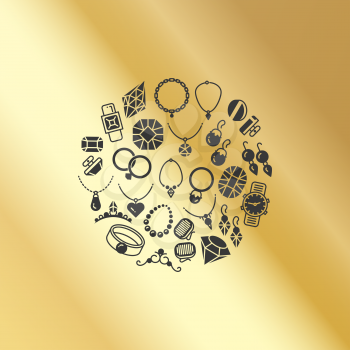Jewelry accessories icons round concept isolated on golden background. Vector illustration