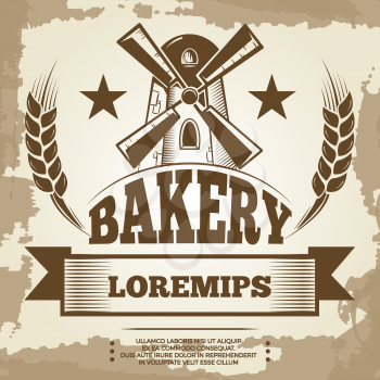 Vintage bakery poster design - bakery label with mill and wheat. Banner bakery vector illustration