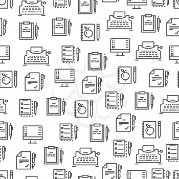 Writing tools line seamless pattern - creative background design. Stationery element pen and paper. Vector illustration
