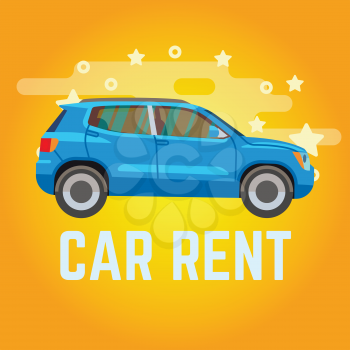 Car rent. Blue suv on yellow background. Vector illustration banner rent car
