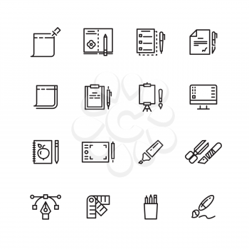 Graphic design and writing tools line icons set. Collection of linear pen and pencil. Vector illustration
