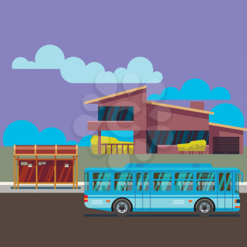 Residential modern house with bus stop and bus. Flat vector illustraion. Building residential home