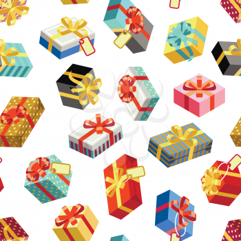 Seamless pattern with different giftboxes colored on white background. Flat-style vector illustration. Gift seamless pattern background, holiday birthday package gift box