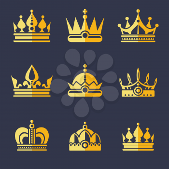 Set of rich golden crowns. Vector flat illustration. Collection of gold crown
