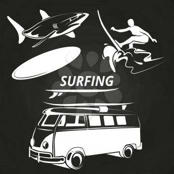 Vintage surfing elements on chalkboard design. Summer surf on sea. Vector illustration