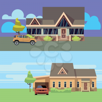 Vector horizontal banners set with houses with cars. Flat vector illustration. Home with car, cottage residential and garage