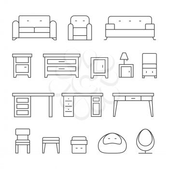 Living room furniture line icons set for room interior, vector illustration