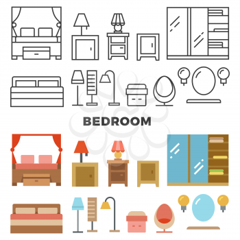 Bedroom furniture and accessories collection - flat furniture icons. Bed and chair interior, vector illustration