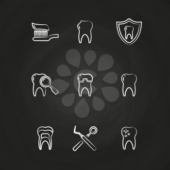 Dental icons set - teeth line icons on chalkboard. Dental set icons drawing, vector illustration
