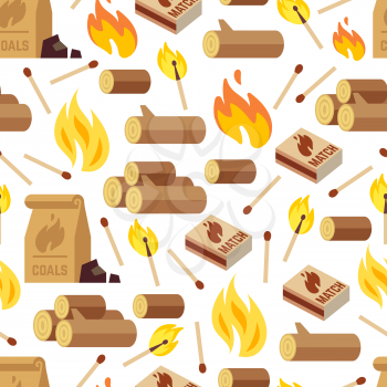 Fiery and wooden seamless pattern - matches, logs and bonfire seamless texture. Vector illustration