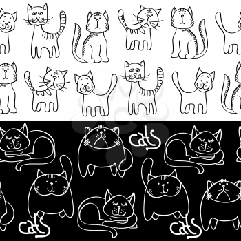 Black and white doodle cats seamless borders. Background with cats. Vector illustration