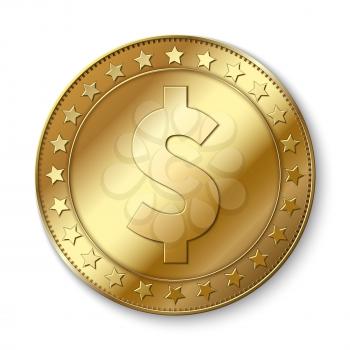 Realistic 3d gold dollar vector coin isolated on white. Cash abundance symbol. Coin dollar money, cash finance investment illustration