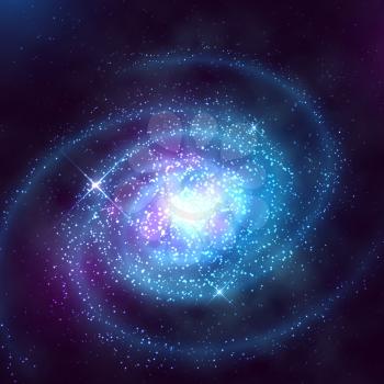 Spiral galaxy in outer space with starry blue sky vector illustration. Spiral galaxy in night starry sky