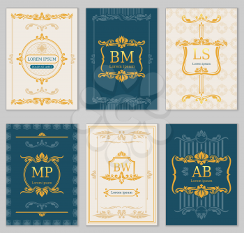 Royal wedding design. Vector card templates with ornamental monograms. Illustration of banner with royal monogram