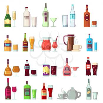 Alcoholic and soft drinks. Beverages in glass and bottles flat vector icons. Cocktail and alcohol bottle, coffee and drink beverage illustration