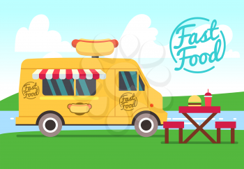 Outdoor cafe with food truck and tables. Street food small business vector concept. Fast food truck with table and chair illustration